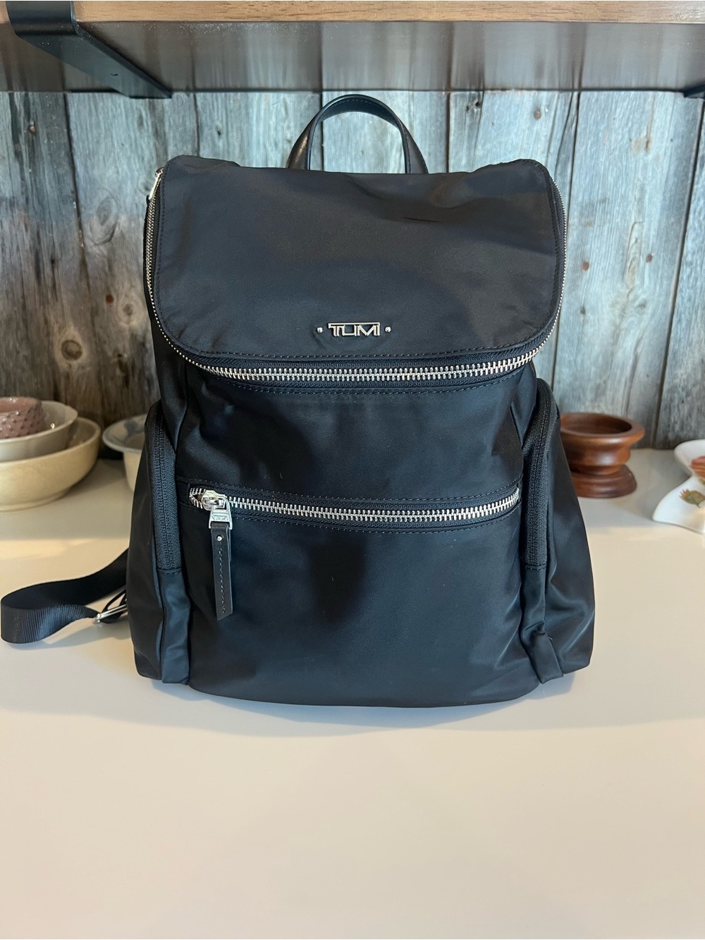 TUMI black small/medium backpack purse silver good pre owned